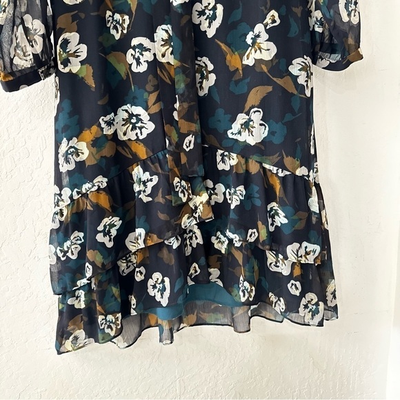 Cabi Navy Blue Pirouette Dress Ruffle Hem Sheer Sleeves Waist Tie M - Picture 7 of 10